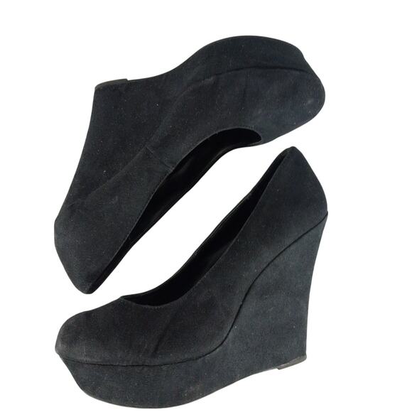 TRASH! BLACK VEGAN SUEDE/MICROFIBER LEATHER SKY HIGH WEDGE HEELS! SZ 9.5M - Picture 6 of 10